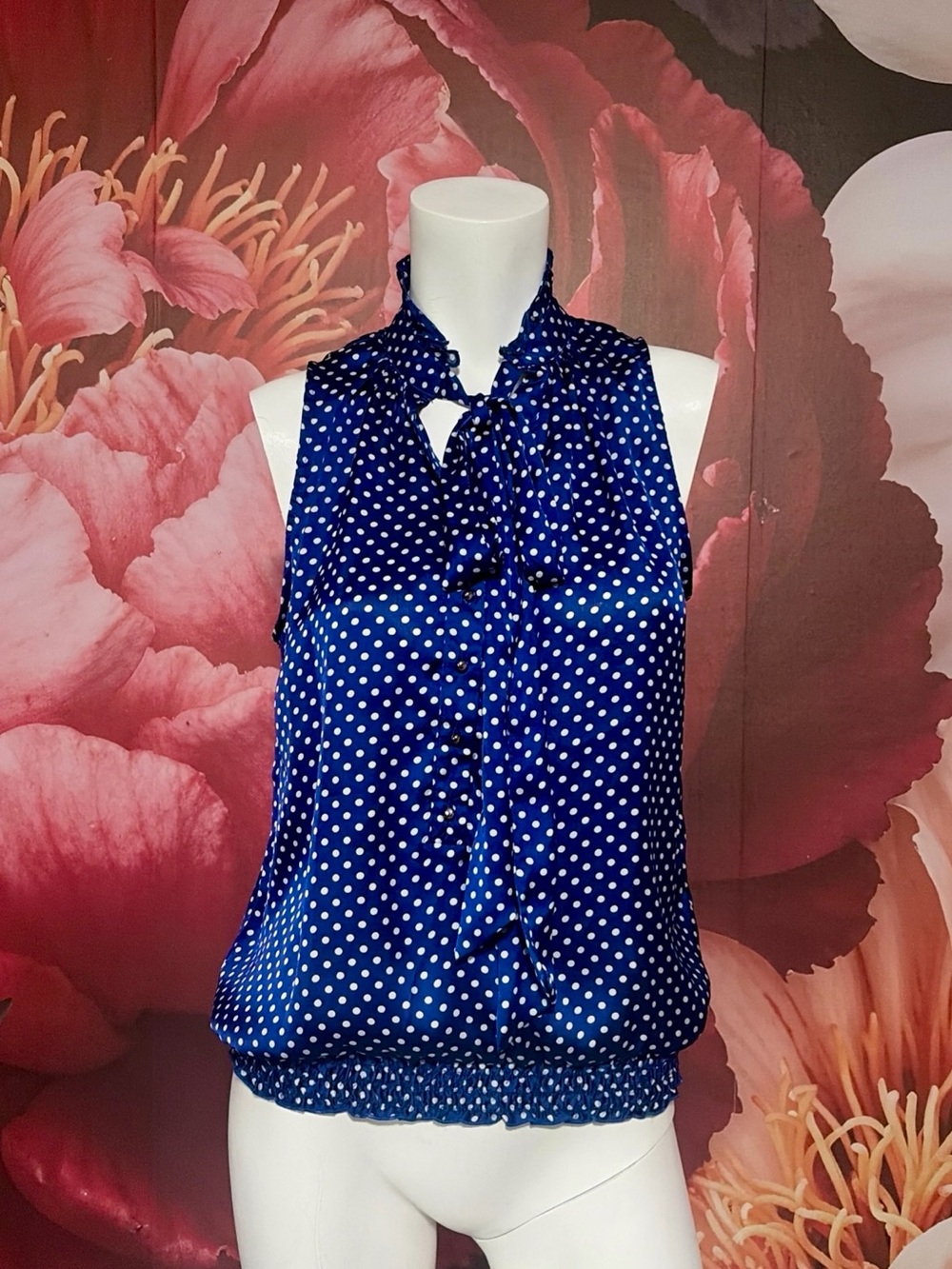 JULES & LEOPOLD Sleeveless Blue Polka Dot Bow Tie Ruffle Neck Blouse SP